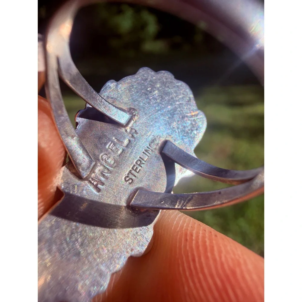 Vintage Native American Sterling Silver Turquoise Coral Bracelet Ring Signed - Picture 8 of 10